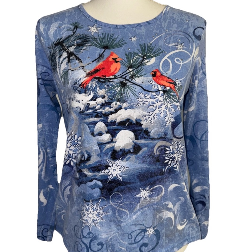 Holiday Editions Cardinal Snowflake Winter‎ Top Small Blue Long Sleeve Graphic